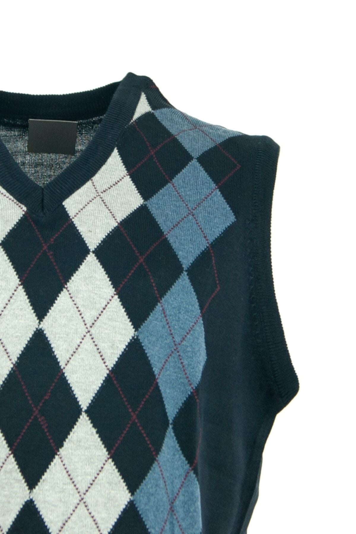 Erkek Lacivert Baba Süveteri Baklava Desenli Rahat Kesim V Yakalı Ince Yün Dokuma